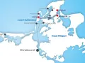 Karte zeigt Fährverbindungen zu Inseln wie Hiddensee und Rügen. Breege Hafen ist ein wichtiger Anlegepunkt.