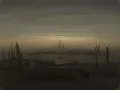Dämmerung über einer Stadt mit Segelschiffen im Vordergrund, ein typisches Motiv einer Caspar David Friedrich Ausstellung.
