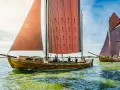 Zeesboot "Bill" segelt bei Ahrenshoop mit roten Segeln. Ein zweites Boot folgt.
