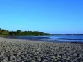 Sonniger Zierow Strand mit Sand, Bäumen und ruhigem Wasser unter blauem Himmel.