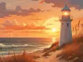 Leuchtturm bei Sonnenuntergang an der Ostsee. Wustrow Geheimtipps: Ein malerischer Strand mit Dünen und Wellen, der Leuchtturm strahlt warmes Licht.