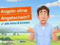 Verwirrter Mann fragt: Angeln ohne Angelschein? Hier gibt's alle Infos & Kosten. Landschaft mit See und Bergen im Hintergrund.