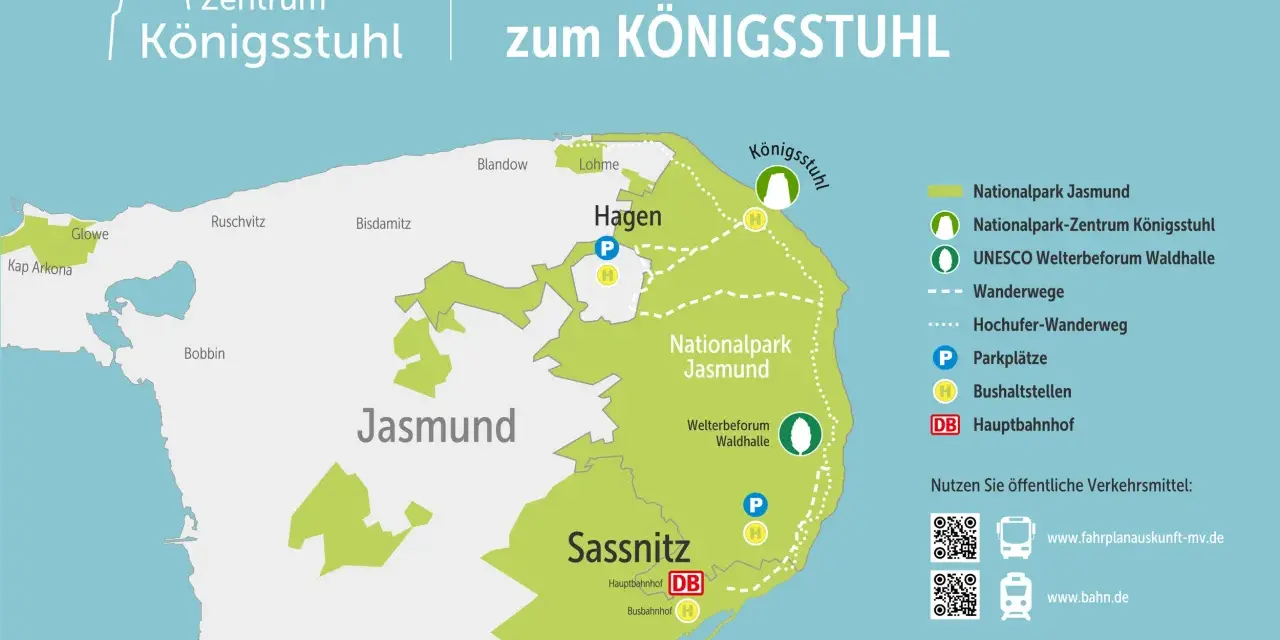 Karte des Nationalparks Jasmund mit Wanderwegen, Parkplätzen und Bushaltestellen. Ideal für nationalpark jasmund wandern.