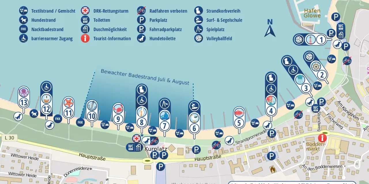 Karte von Glowe mit Strandabschnitten, Parkplätzen, Toiletten und Freizeitmöglichkeiten. Der glowe Strand bietet viel Platz.