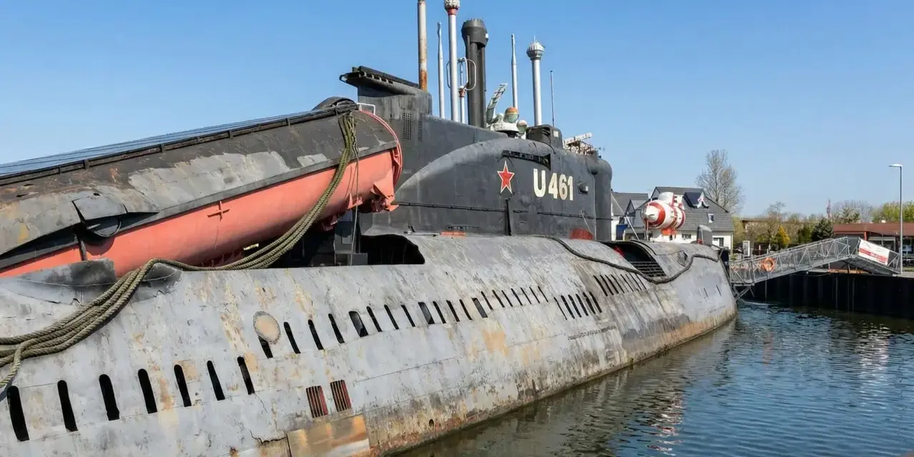 Ein sowjetisches U-Boot, die U 461, liegt im Hafen an der Ostsee. Eine Rettungsboot hängt an der Seite.