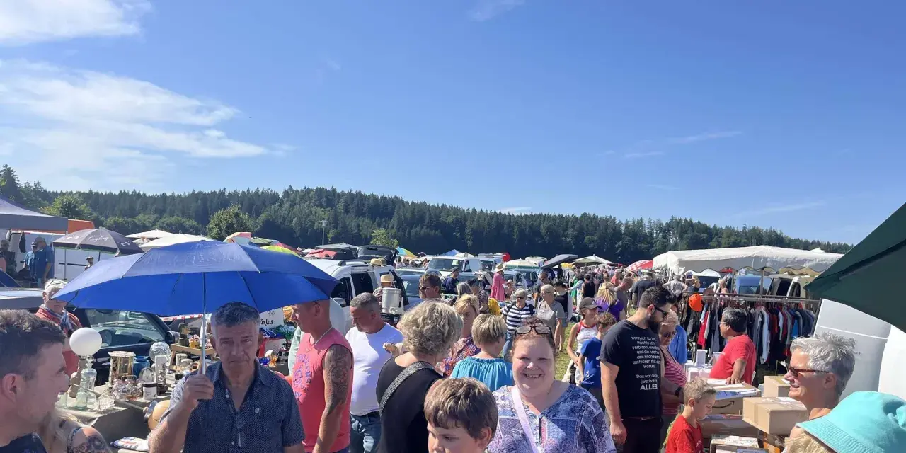 Buntes Treiben auf dem Flohmarkt Sellin. Menschen stöbern an Ständen unter blauem Himmel, im Hintergrund ein Wald.