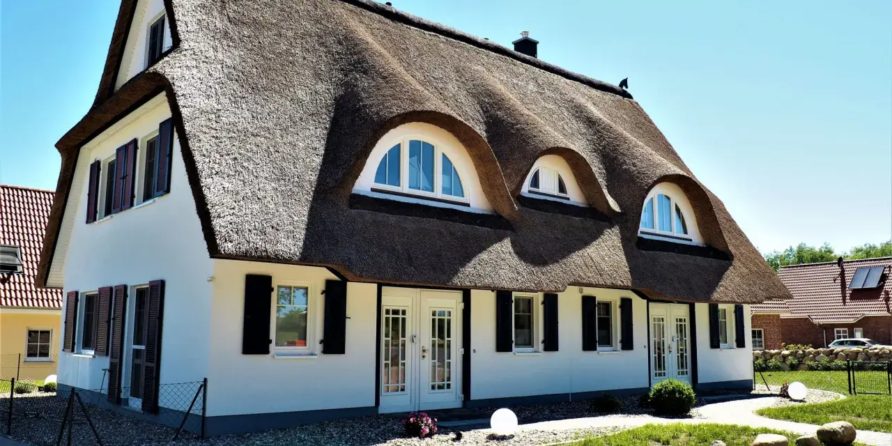 Ein Haus mit Reetdach und einem Hund, der auf dem Dach sitzt.
