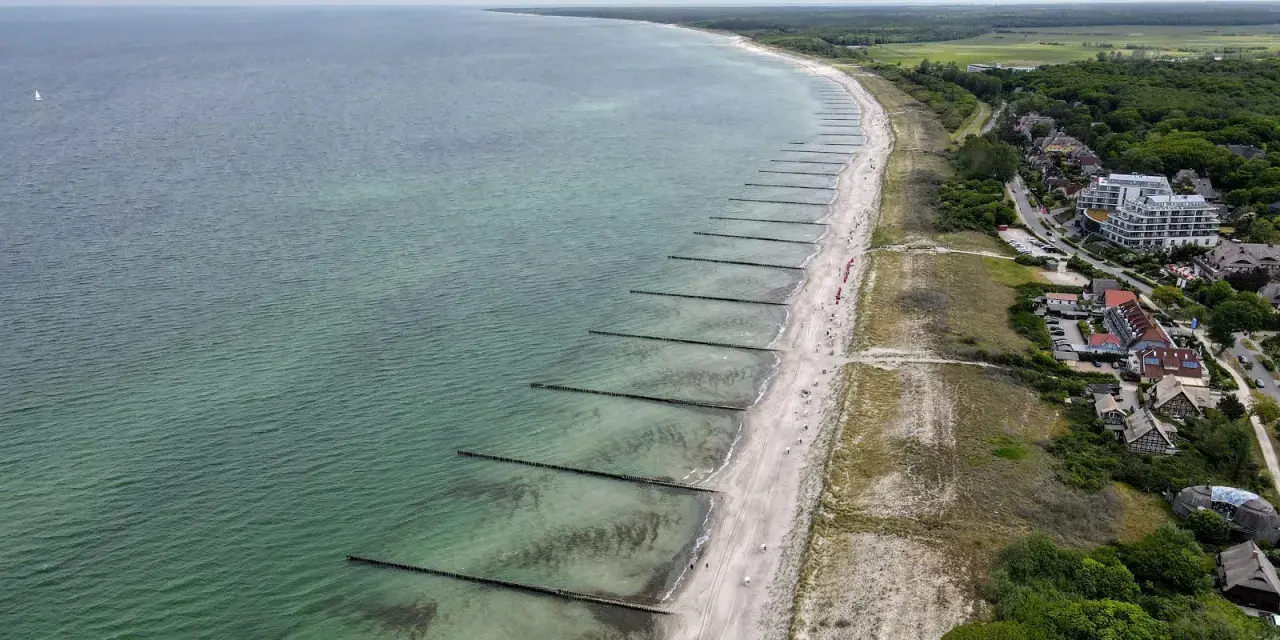 Luftaufnahme des Ahrenshoop Strandes mit Wellenbrechern, Sand und Bäumen. Ein Segelboot ist auf dem Meer zu sehen.
