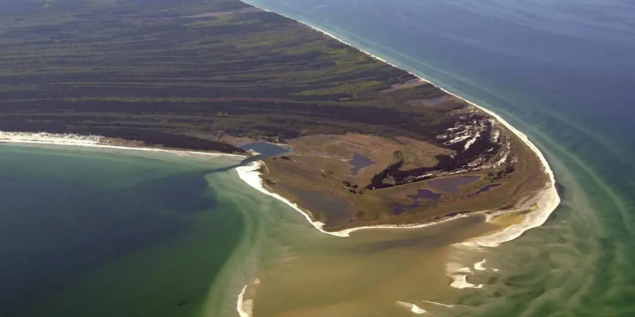 Luftaufnahme des Nationalparks Vorpommersche Boddenlandschaft. Perfekt zum Wandern entlang der Küste mit Wäldern und Lagunen.