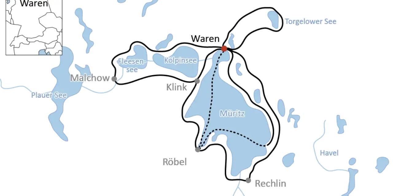Karte der Mecklenburgischen Seenplatte mit Routen für Mecklenburger Radreisen. Orte wie Waren, Malchow, Müritz und Rechlin sind verbunden.