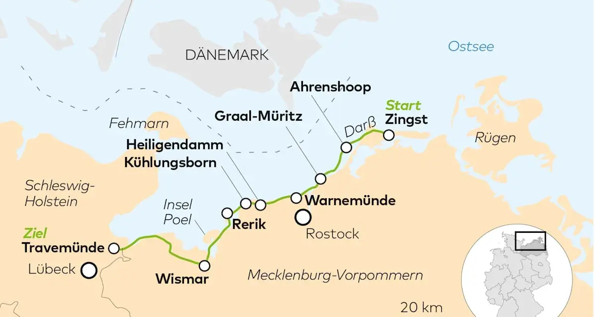 Karte zeigt eine Route entlang der Ostsee Mecklenburg-Vorpommern von Zingst nach Travemünde.