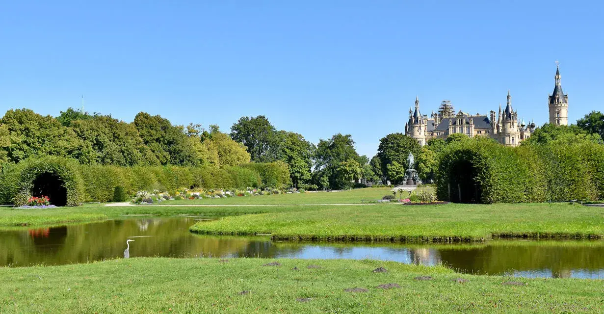 Ein Reiher steht am Ufer eines Teichs im Schweriner Schlossgarten. Im Hintergrund thront das Schloss über grünen Bäumen.