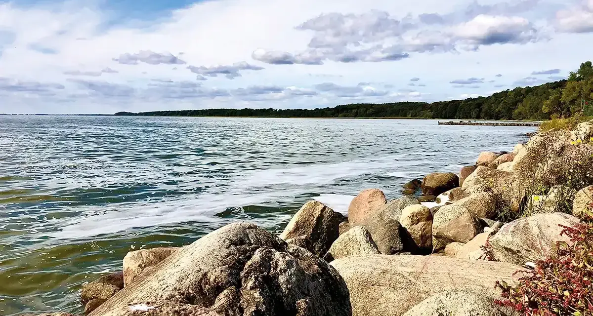 Felsen am kamminke strand mit Blick auf das ruhige Wasser und den grünen Wald am Horizont unter einem bewölkten Himmel.