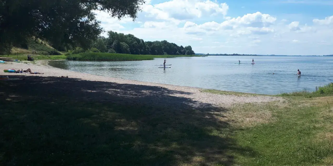 Sonniger Tag am Kummerower See. Menschen entspannen am Strand, andere paddeln auf SUPs. Herrlicher See- und Waldblick.