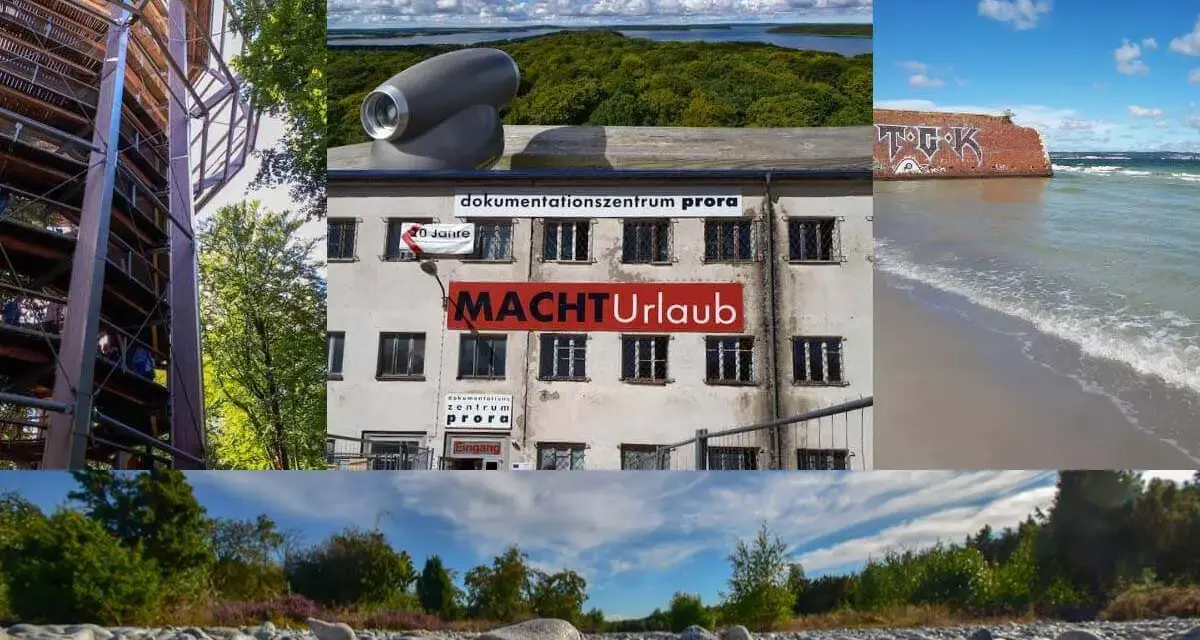 Ein Aussichtsturm, das Dokumentationszentrum Prora mit der Aufschrift "Macht Urlaub", ein Graffiti-bedeckter Mauerrest am Meer und ein steiniger Strand.