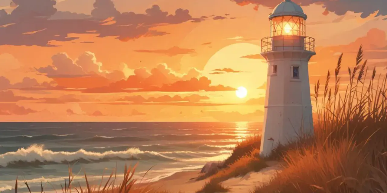 Leuchtturm bei Sonnenuntergang an der Ostsee. Wustrow Geheimtipps: Ein malerischer Strand mit Dünen und Wellen, der Leuchtturm strahlt warmes Licht.