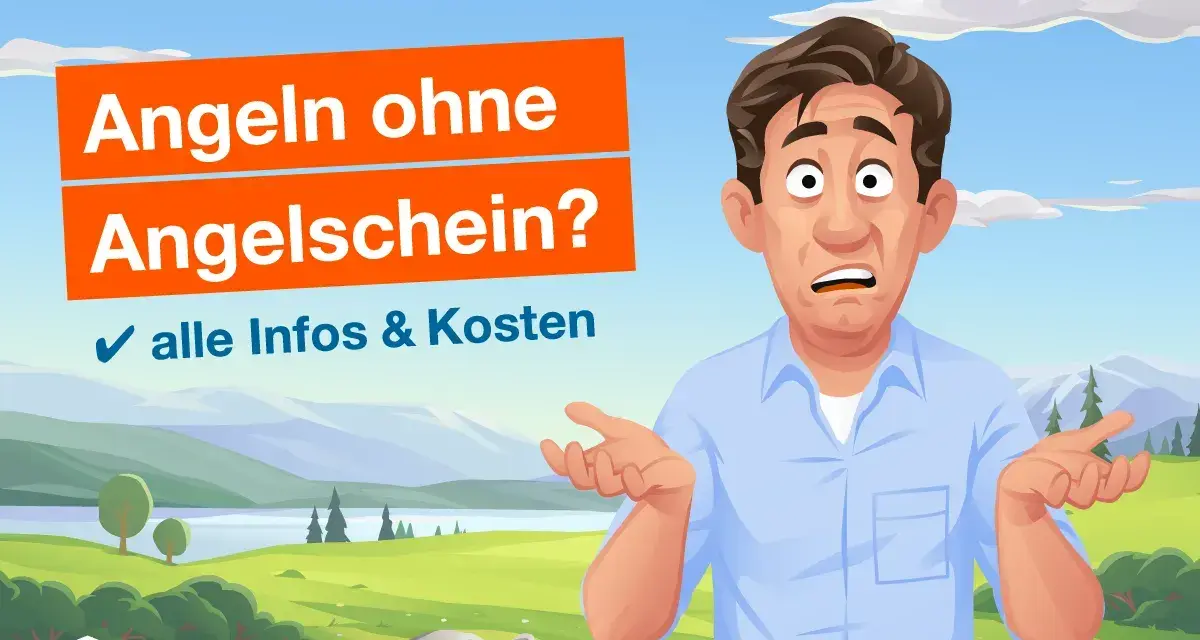 Verwirrter Mann fragt: Angeln ohne Angelschein? Hier gibt's alle Infos & Kosten. Landschaft mit See und Bergen im Hintergrund.