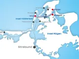 Karte zeigt Fährverbindungen zu Inseln wie Hiddensee und Rügen. Breege Hafen ist ein wichtiger Anlegepunkt.