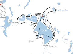 Karte der Mecklenburgischen Seenplatte mit Routen für Mecklenburger Radreisen. Orte wie Waren, Malchow, Müritz und Rechlin sind verbunden.