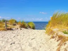 Sandiger Weg durch Dünen zum Strand auf der Insel Poel. Das Meer glitzert im blauen Himmel.
