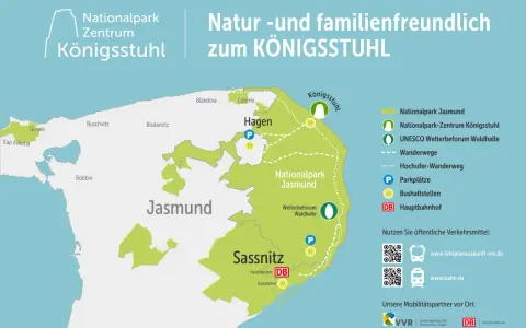 Karte des Nationalparks Jasmund mit Wanderwegen, Parkplätzen und Bushaltestellen. Ideal für nationalpark jasmund wandern.