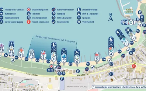 Karte von Glowe mit Strandabschnitten, Parkplätzen, Toiletten und Freizeitmöglichkeiten. Der glowe Strand bietet viel Platz.