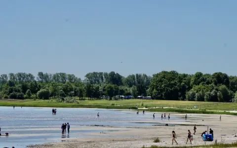 Menschen genießen einen sonnigen Tag am Greifswald Strand. Camper stehen im Hintergrund, während Kinder und Erwachsene im flachen Wasser planschen.