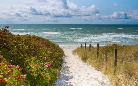 Sandiger Pfad zum **Grambin Strand**, gesäumt von Rosenbüschen und Dünen. Das Meer rauscht, Wolken ziehen am Himmel.