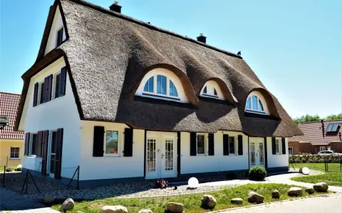 Ein Haus mit Reetdach und einem Hund, der auf dem Dach sitzt.