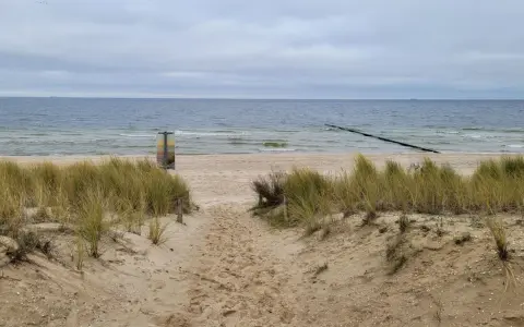 Pfad durch Dünen zum Strand Bansin. Das Meer ist ruhig, der Himmel bedeckt.