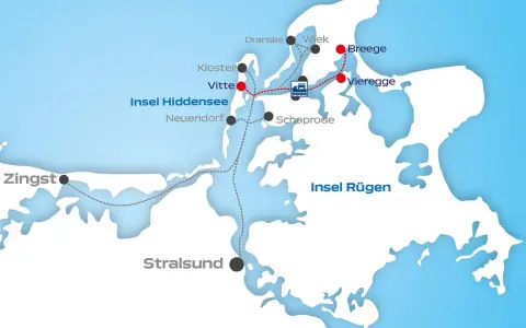 Karte zeigt Fährverbindungen zu Inseln wie Hiddensee und Rügen. Breege Hafen ist ein wichtiger Anlegepunkt.