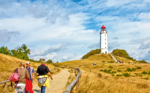 Wanderweg zum Leuchtturm Dornbusch auf Hiddensee Vitte. Menschen spazieren auf einem Feldweg durch trockenes Gras.