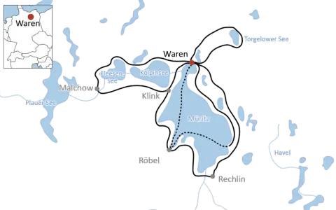 Karte der Mecklenburgischen Seenplatte mit Routen für Mecklenburger Radreisen. Orte wie Waren, Malchow, Müritz und Rechlin sind verbunden.
