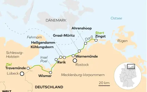 Karte zeigt eine Route entlang der Ostsee Mecklenburg-Vorpommern von Zingst nach Travemünde.