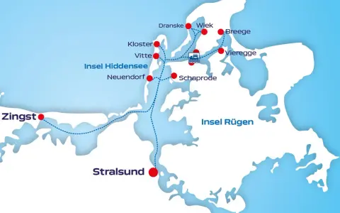 Karte zeigt Fährverbindungen zur Insel Hiddensee, mit Häfen wie Neuendorf, Vitte und Kloster. Auch Zingst und Stralsund sind verbunden.