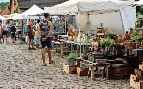 Bunter Trödel auf dem Flohmarkt Usedom. Keramik, Pflanzen und allerlei Schätze auf Kopfsteinpflaster.