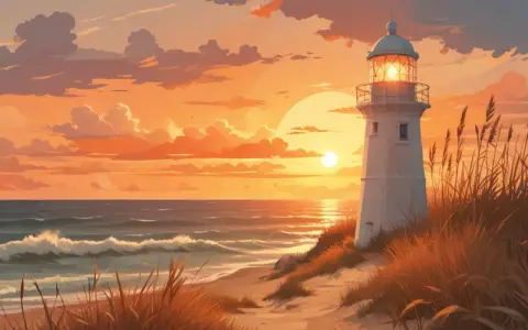 Leuchtturm bei Sonnenuntergang an der Ostsee. Wustrow Geheimtipps: Ein malerischer Strand mit Dünen und Wellen, der Leuchtturm strahlt warmes Licht.