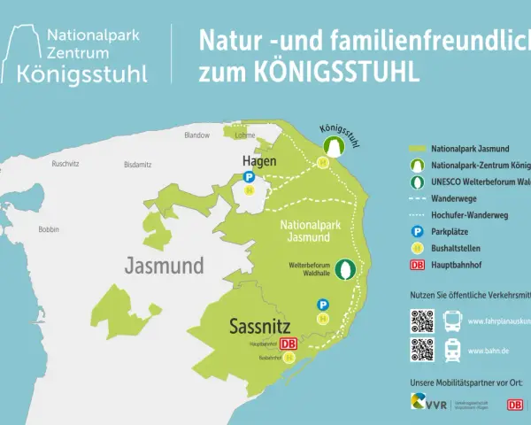 Karte des Nationalparks Jasmund mit Wanderwegen, Parkplätzen und Bushaltestellen. Ideal für nationalpark jasmund wandern.