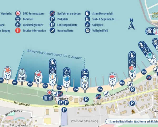 Karte von Glowe mit Strandabschnitten, Parkplätzen, Toiletten und Freizeitmöglichkeiten. Der glowe Strand bietet viel Platz.