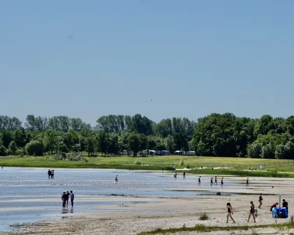 Menschen genießen einen sonnigen Tag am Greifswald Strand. Camper stehen im Hintergrund, während Kinder und Erwachsene im flachen Wasser planschen.