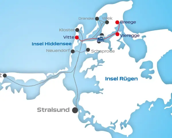 Karte zeigt Fährverbindungen zu Inseln wie Hiddensee und Rügen. Breege Hafen ist ein wichtiger Anlegepunkt.