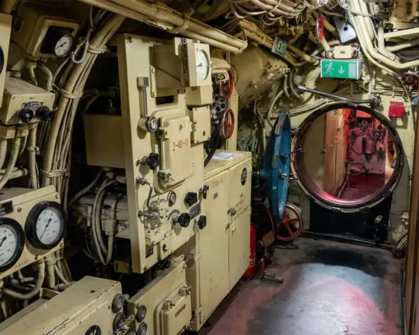 Blick in das Innere des U-Bootes U 461. Messinstrumente, Rohre und ein Notausgangsschild sind zu sehen.