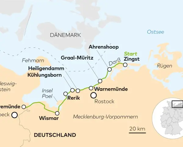 Karte zeigt eine Route entlang der Ostsee Mecklenburg-Vorpommern von Zingst nach Travemünde.