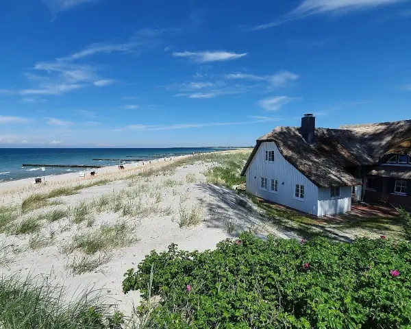 Ein reetgedecktes Haus am Strand von Ahrenshoop, mit Blick auf die Ostsee und den Sandstrand.