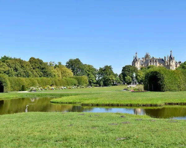 Ein Reiher steht am Ufer eines Teichs im Schweriner Schlossgarten. Im Hintergrund thront das Schloss über grünen Bäumen.