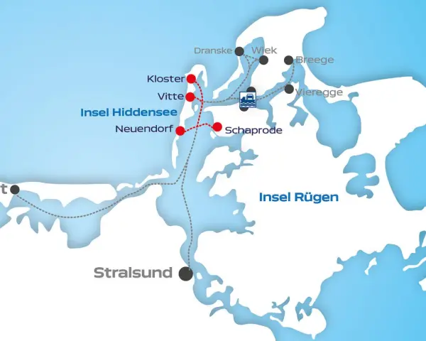 Karte der Insel Rügen und Hiddensee mit Fährverbindungen. Der Hafen Schaprode ist ein wichtiger Knotenpunkt.