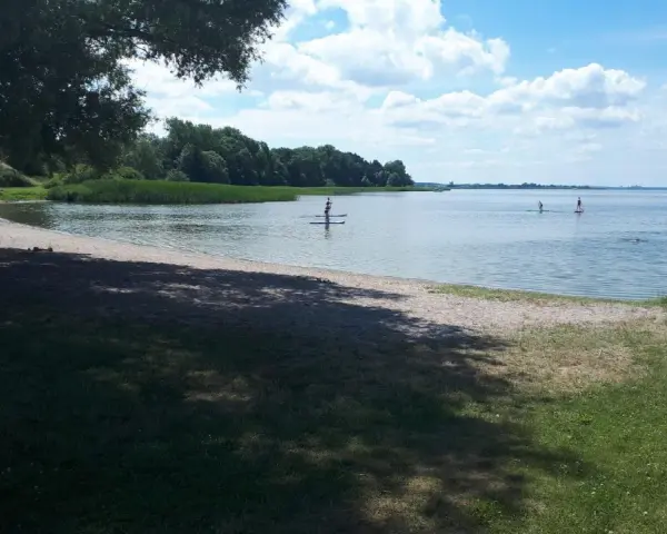 Sonniger Tag am Kummerower See. Menschen entspannen am Strand, andere paddeln auf SUPs. Herrlicher See- und Waldblick.