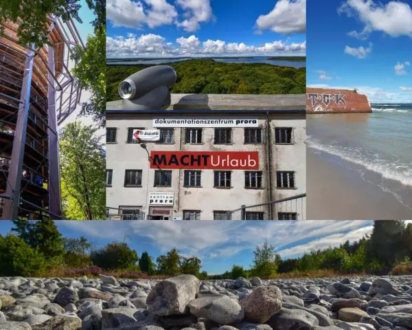 Ein Aussichtsturm, das Dokumentationszentrum Prora mit der Aufschrift "Macht Urlaub", ein Graffiti-bedeckter Mauerrest am Meer und ein steiniger Strand.