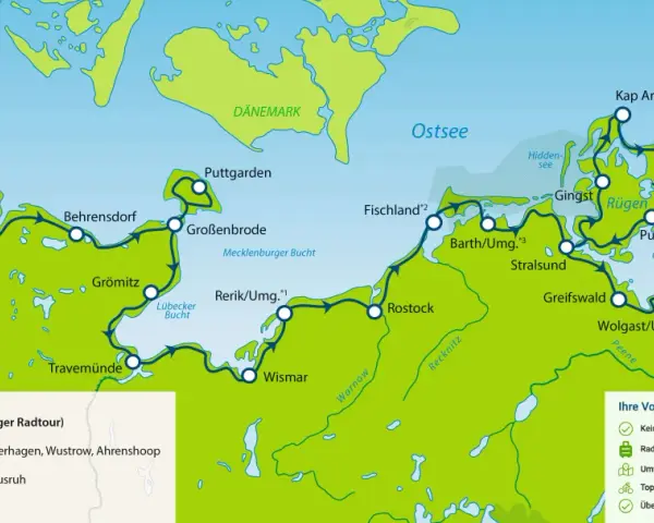 Karte der Mecklenburger Radtour entlang der Ostsee von Dänemark bis Usedom. Entdecke die Küste auf dem Ostsee Radweg!