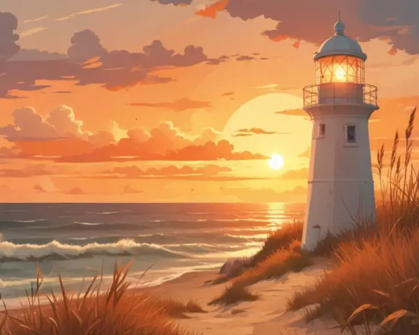 Leuchtturm bei Sonnenuntergang an der Ostsee. Wustrow Geheimtipps: Ein malerischer Strand mit Dünen und Wellen, der Leuchtturm strahlt warmes Licht.